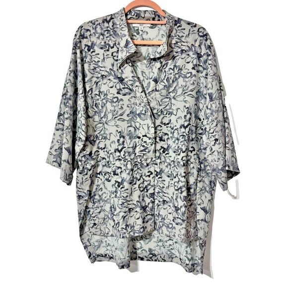 Victor Alfaro Blouse Top Collared Short Sleeve High low Shirt Gray M Floral - Picture 4 of 10